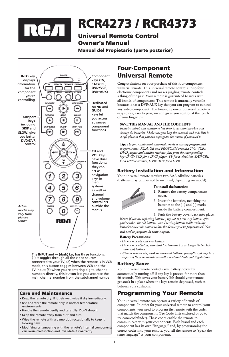 Page 1 de la notice Manuel utilisateur RCA RCR4373