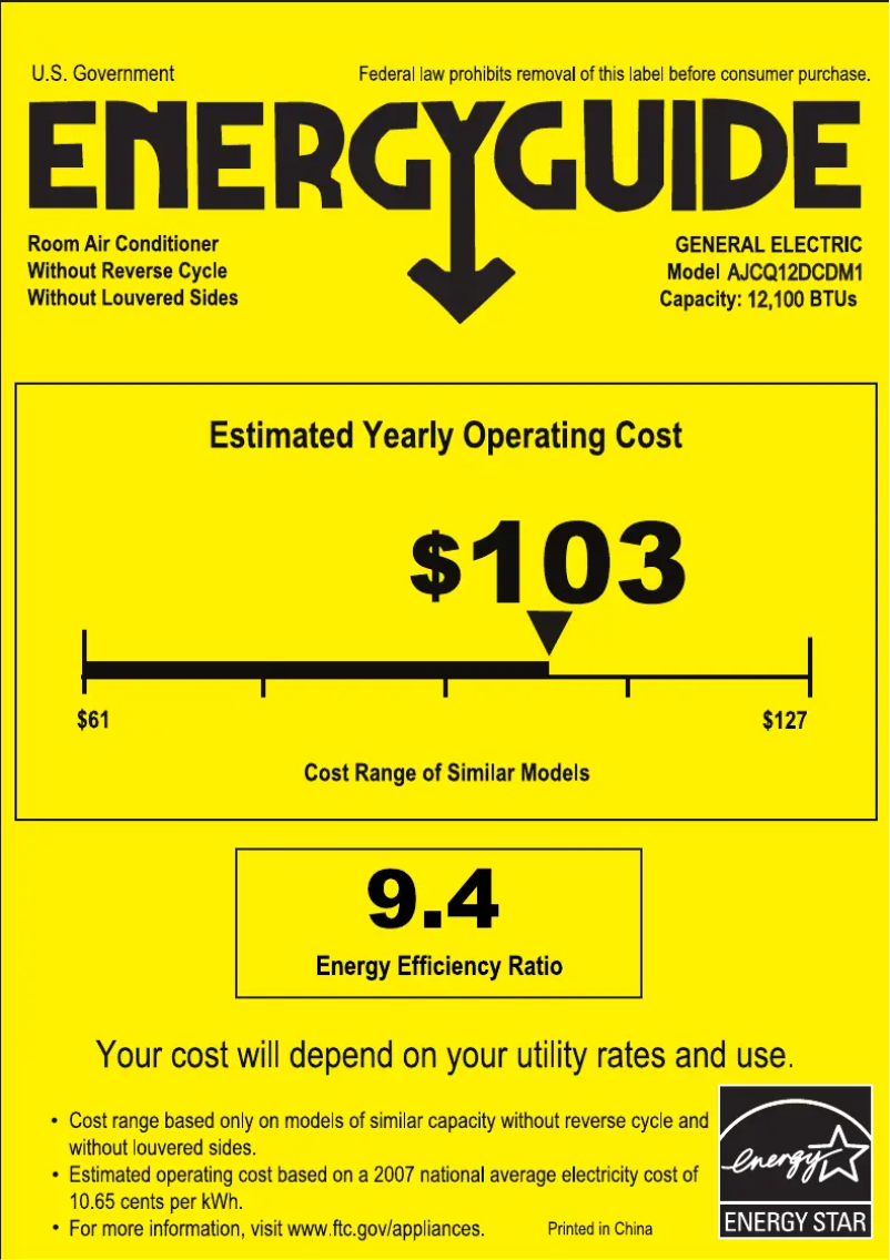 Página 1 del manual Etiqueta energética GE AJCQ12DCD