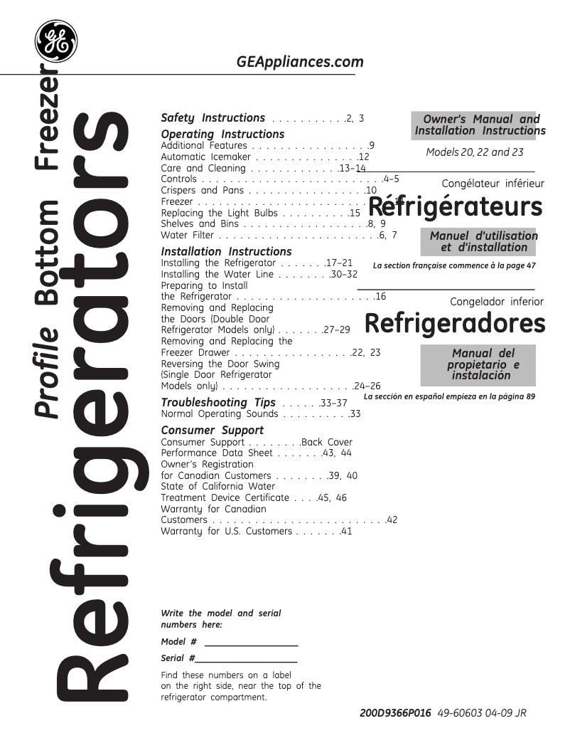 Page n°1 - Manuel utilisateur GE PFSF2MJYBB