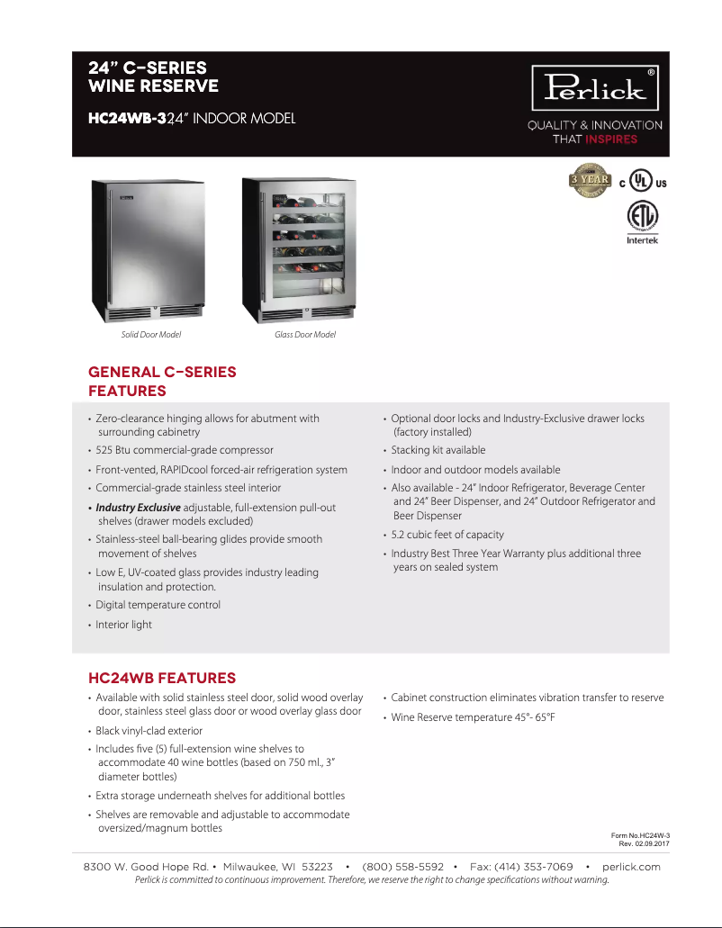 Page 1 de la notice Fiche technique Perlick C-Series HC24WB-3-4R