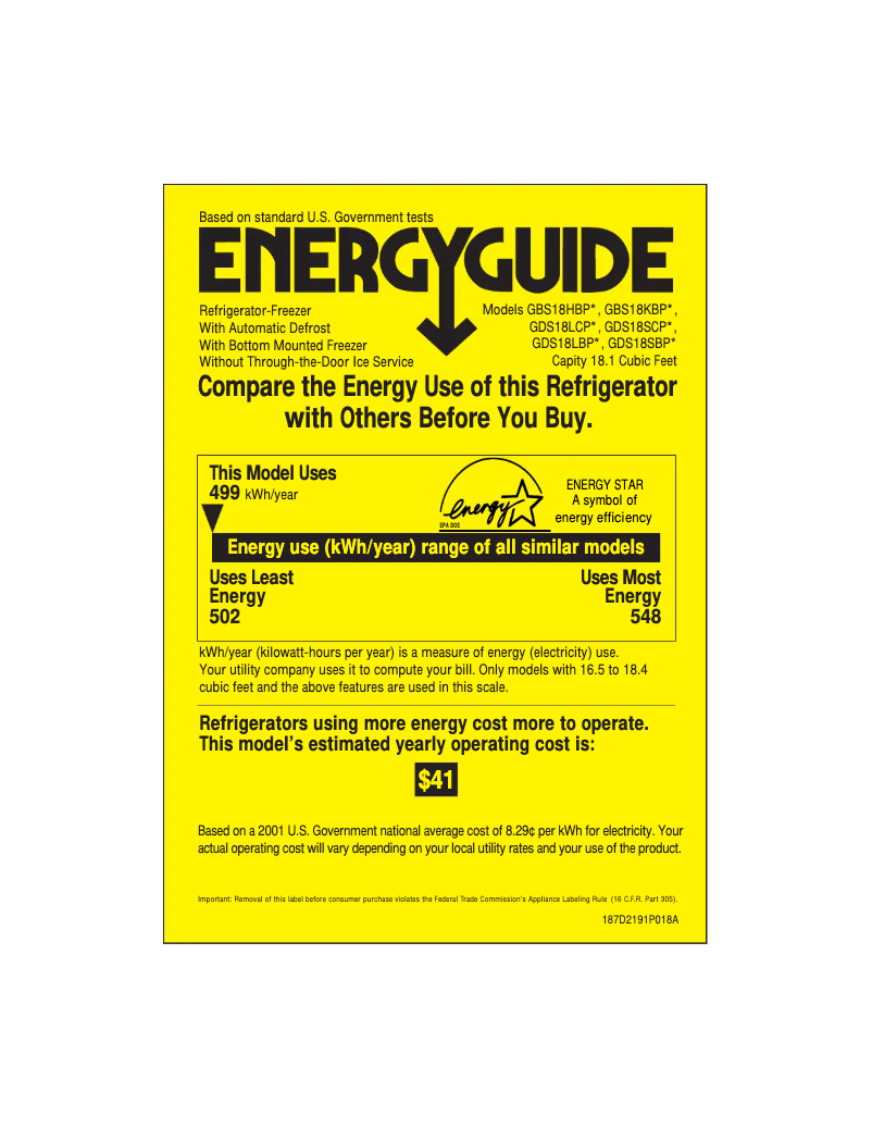 Page 1 de la notice Label énergétique GE GDS18LBPWW