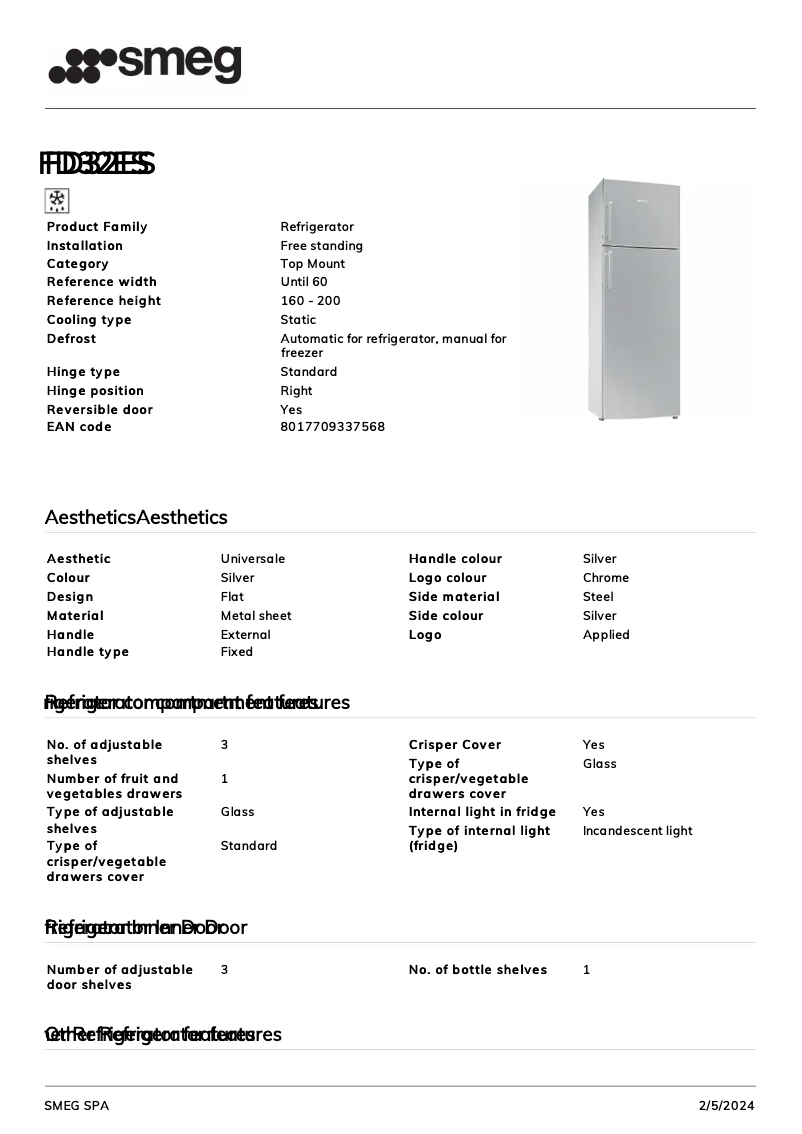 Page 1 de la notice Fiche technique Smeg FD32ES