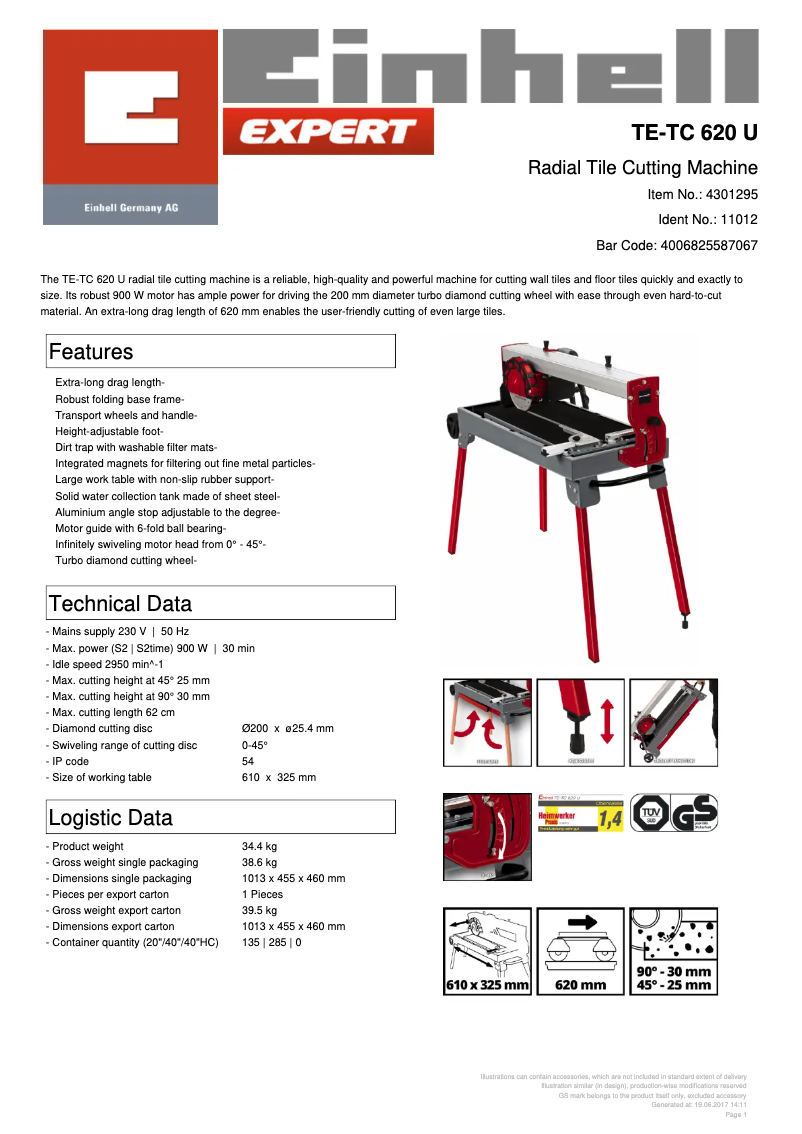 Page 1 de la notice Fiche technique Einhell TE-TC 620 U