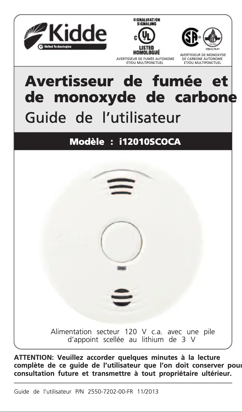 Page 1 de la notice Manuel utilisateur Kidde i12010SCOCA