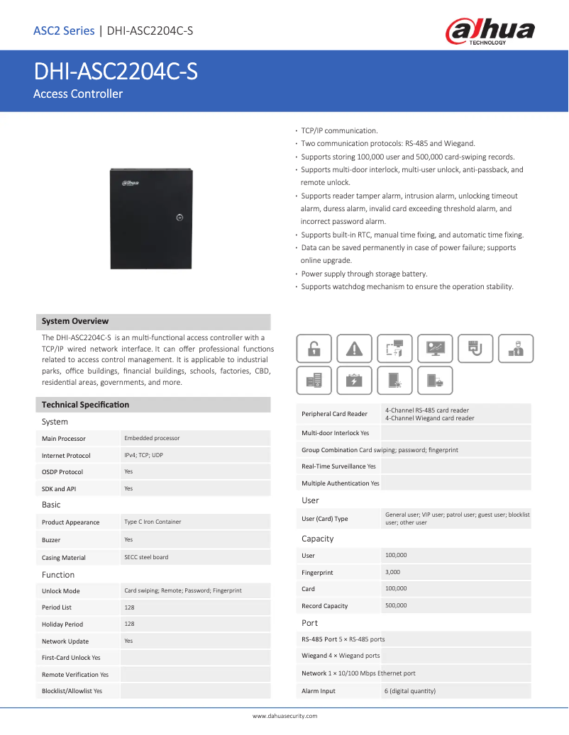 Page 1 de la notice Fiche technique Dahua Technology ASC2204C-S