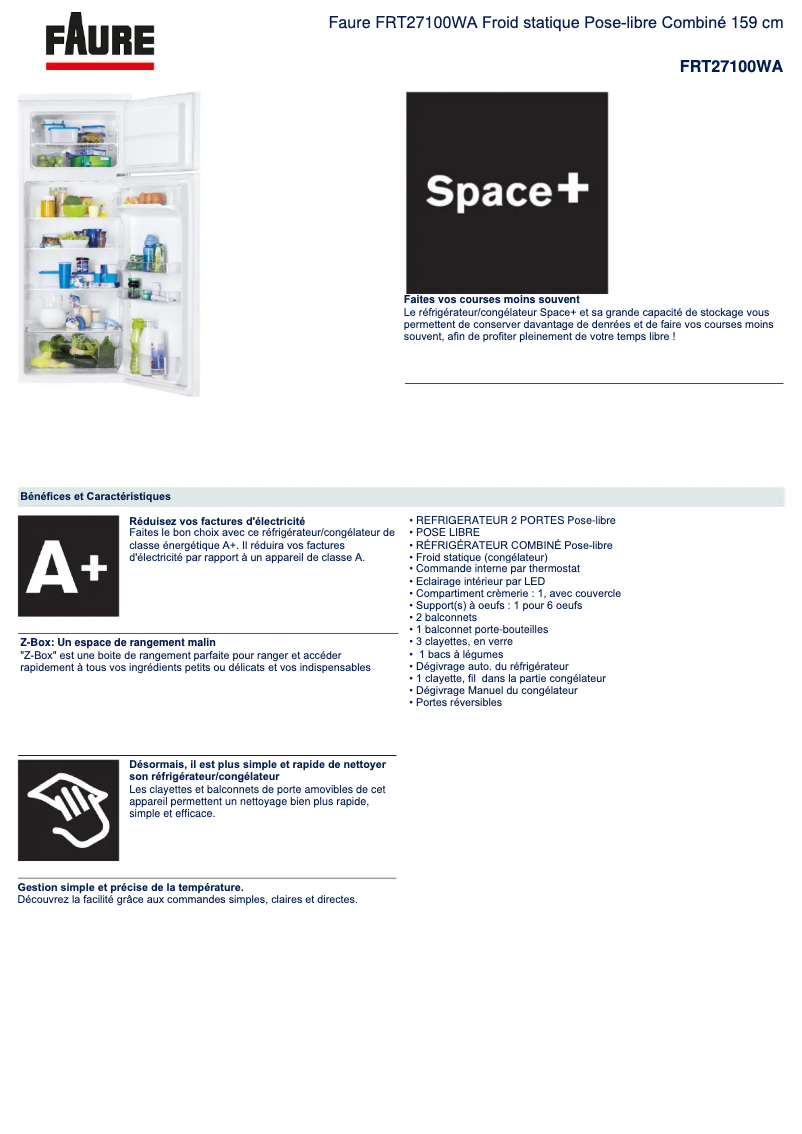 Page 1 de la notice Fiche technique Faure FRT27100WA