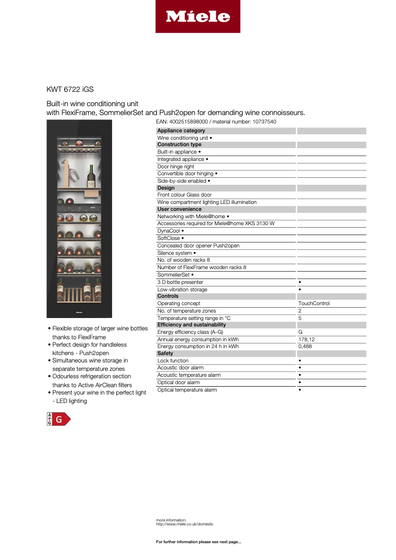 Page 1 de la notice Fiche technique Miele KWT 6722 IGS