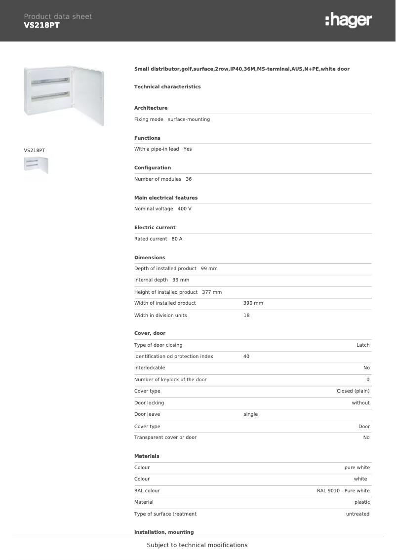 Page n°1 - Fiche technique Hager VS218PT