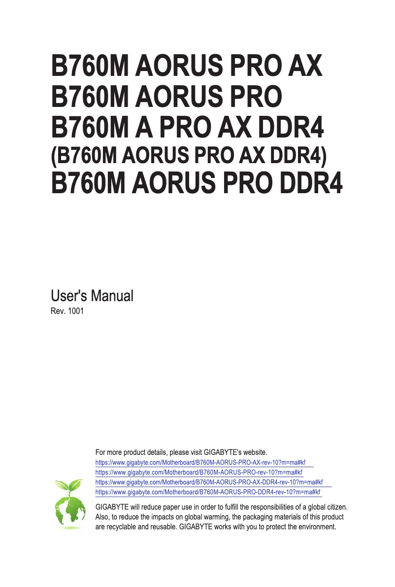 Page 1 de la notice Manuel utilisateur Gigabyte B760M Aorus Pro DDR4
