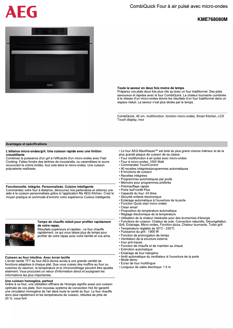 Page 1 de la notice Fiche technique AEG KME768080M