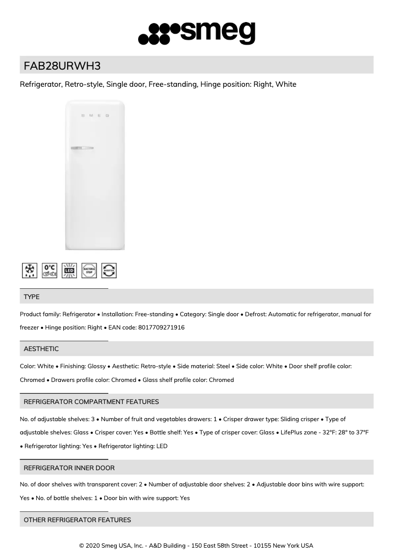 Page 1 de la notice Fiche technique Smeg FAB28URWH3