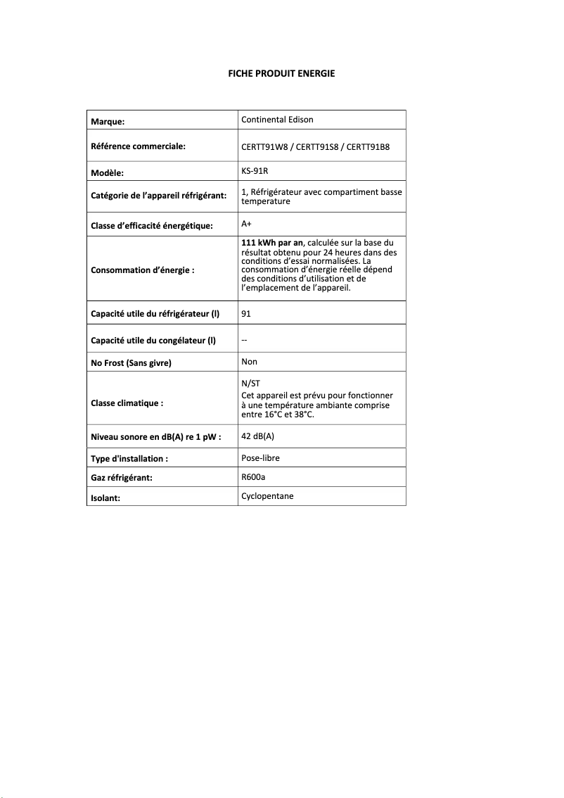 Page n°1 - Label énergétique Continental Edison CERTT91B8