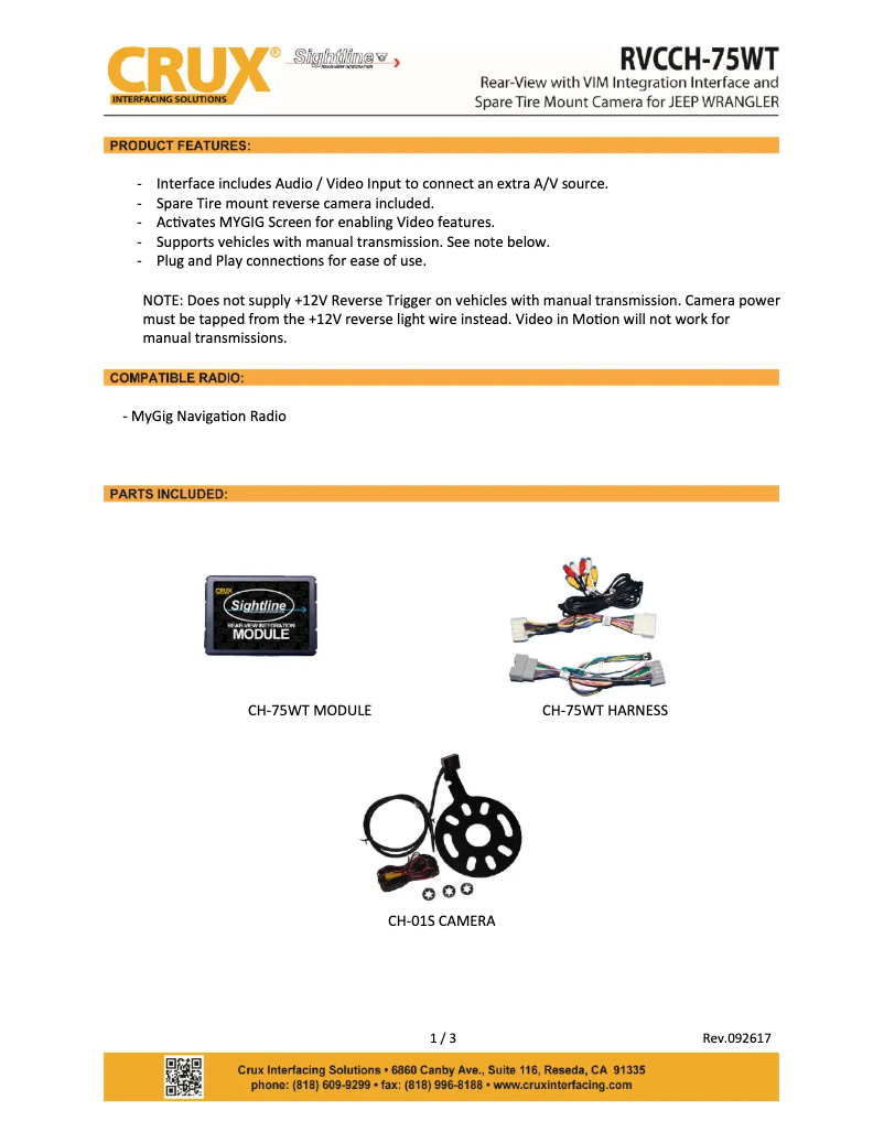 Page n°1 - Manuel utilisateur CRUX RVCCH-75WT