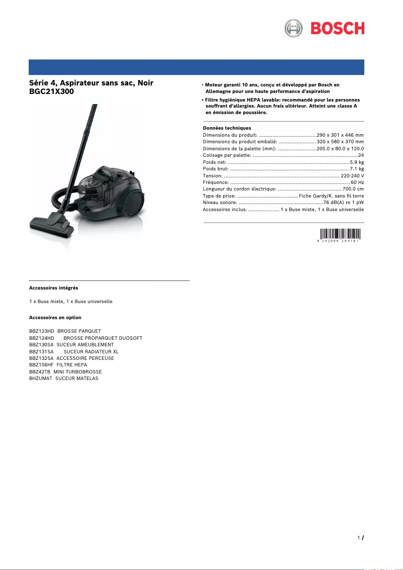 Page n°1 - Fiche technique Bosch Serie 4 BGC21X300