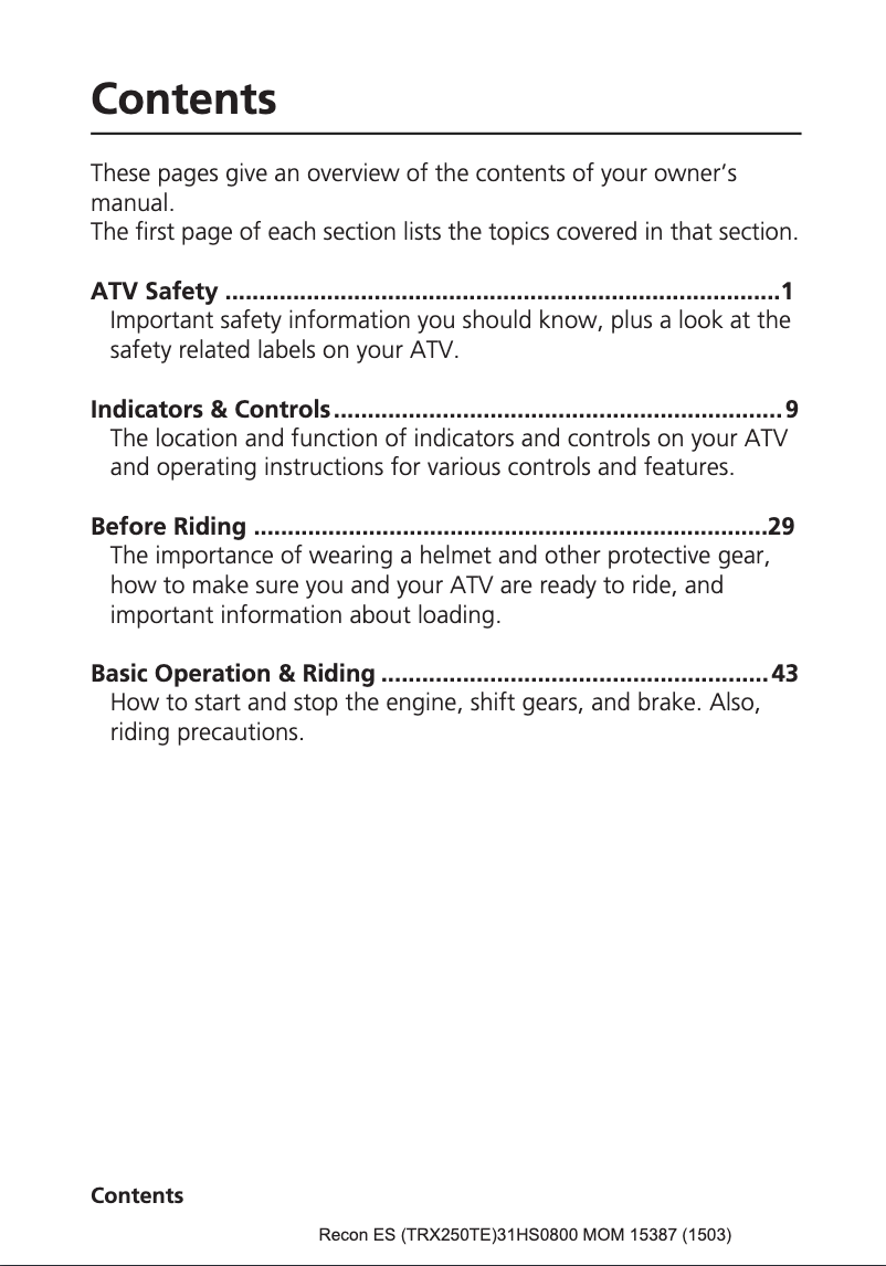 Image de la première page du manuel de l'appareil FourTrax Recon TRX250TE (2016)