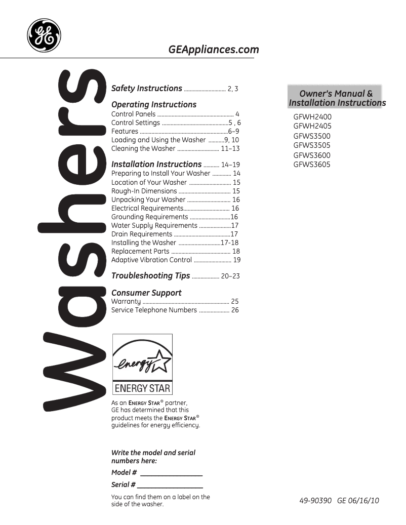 Page 1 de la notice Manuel utilisateur GE GFWS3500LWW