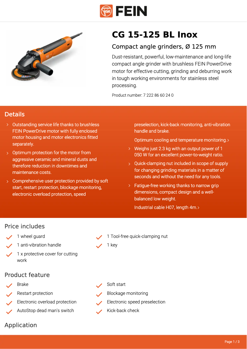 Page n°1 - Fiche technique Fein CG 15-125 BL Inox