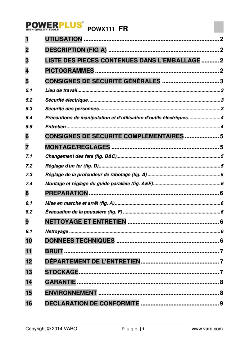Page n°1 - Manuel utilisateur PowerPlus POWX111