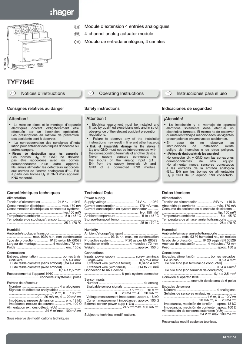Page n°1 - Manuel utilisateur Hager TYF784E