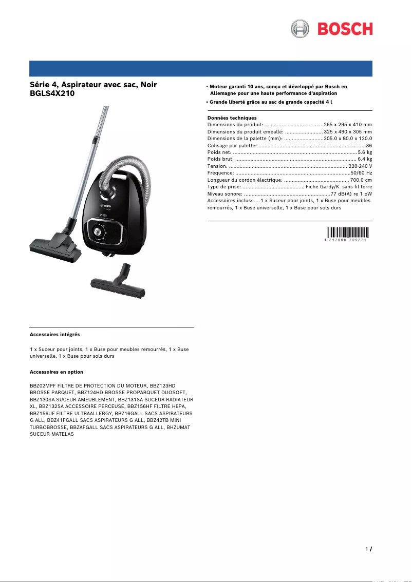 Página 1 del manual Ficha técnica Bosch BGLS4X210