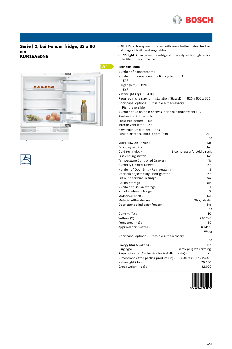 Page n°1 - Fiche technique Bosch KUR15A50NE