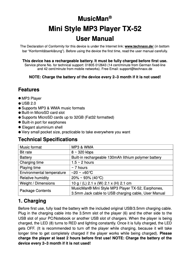Page n°1 - Manuel utilisateur Technaxx MusicMan TX-52