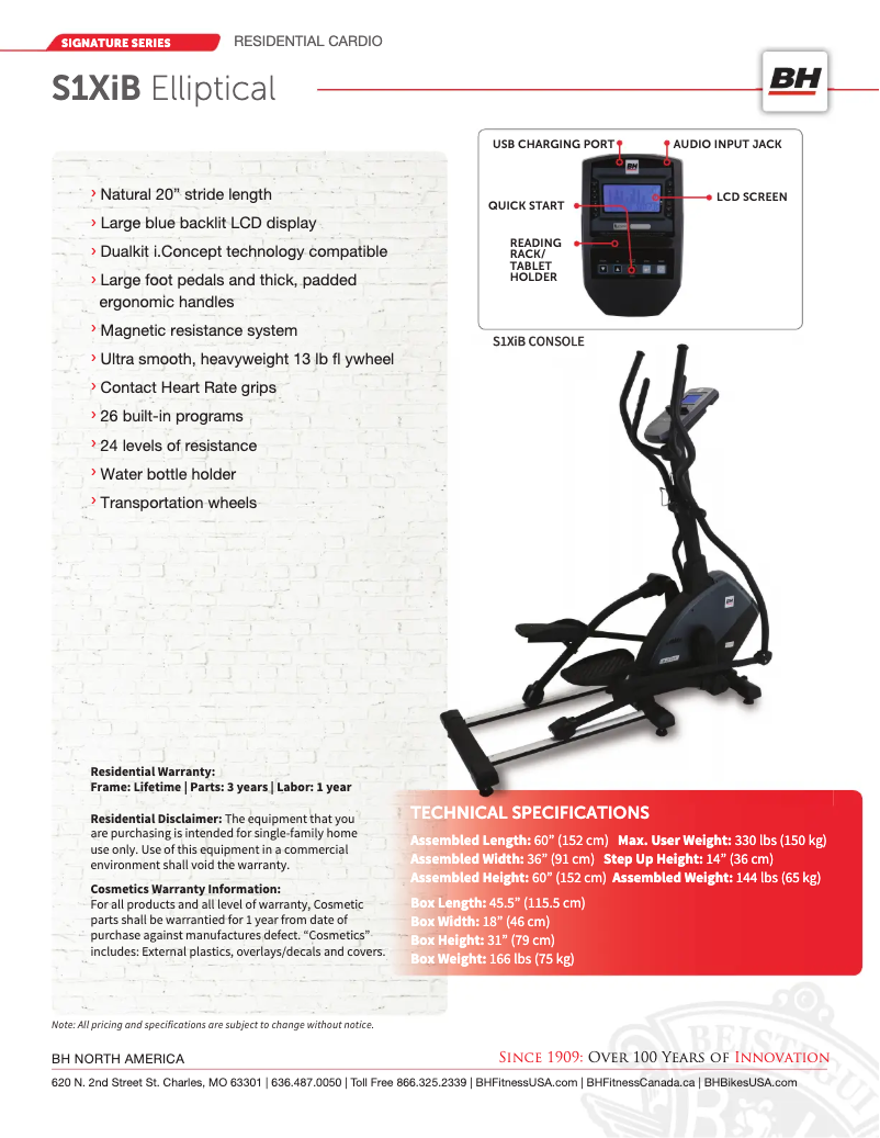 Página 1 del manual Ficha técnica BH Fitness S1XiB