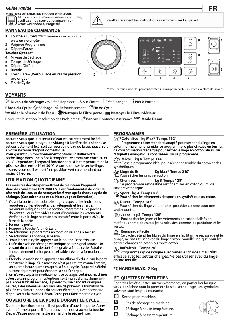 Page 1 de la notice Manuel utilisateur Whirlpool FTBE M10 72