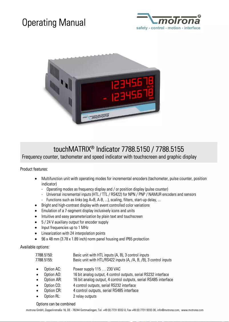 Page 1 de la notice Manuel utilisateur Motrona touchMATRIX 7788.5150