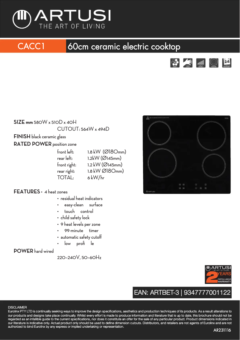 Page 1 de la notice Fiche technique Artusi CACC1