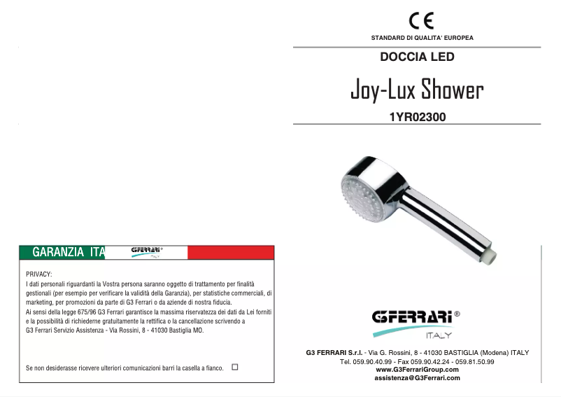 Page 1 de la notice Manuel utilisateur G3 Ferrari Joy-Lux Shower