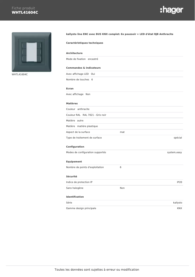 Page 1 de la notice Fiche technique Hager WHTL41604C