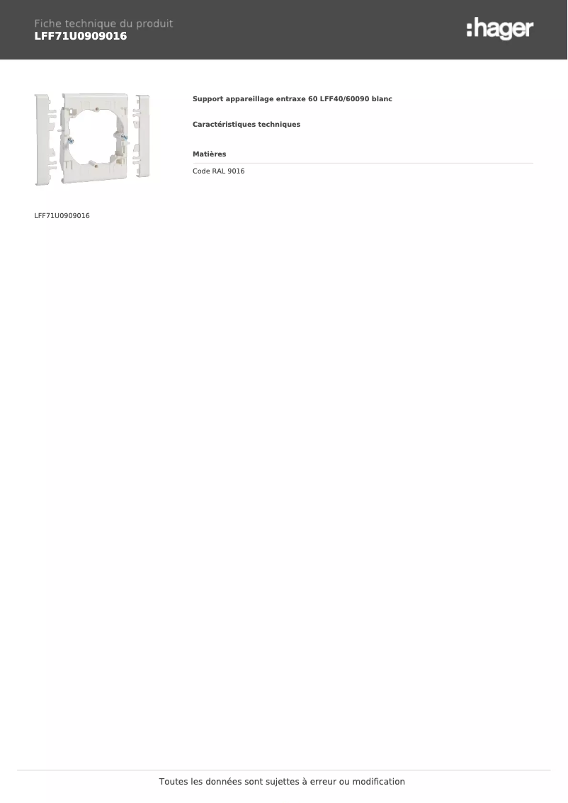 Page n°1 - Fiche technique Hager LFF71U0909016