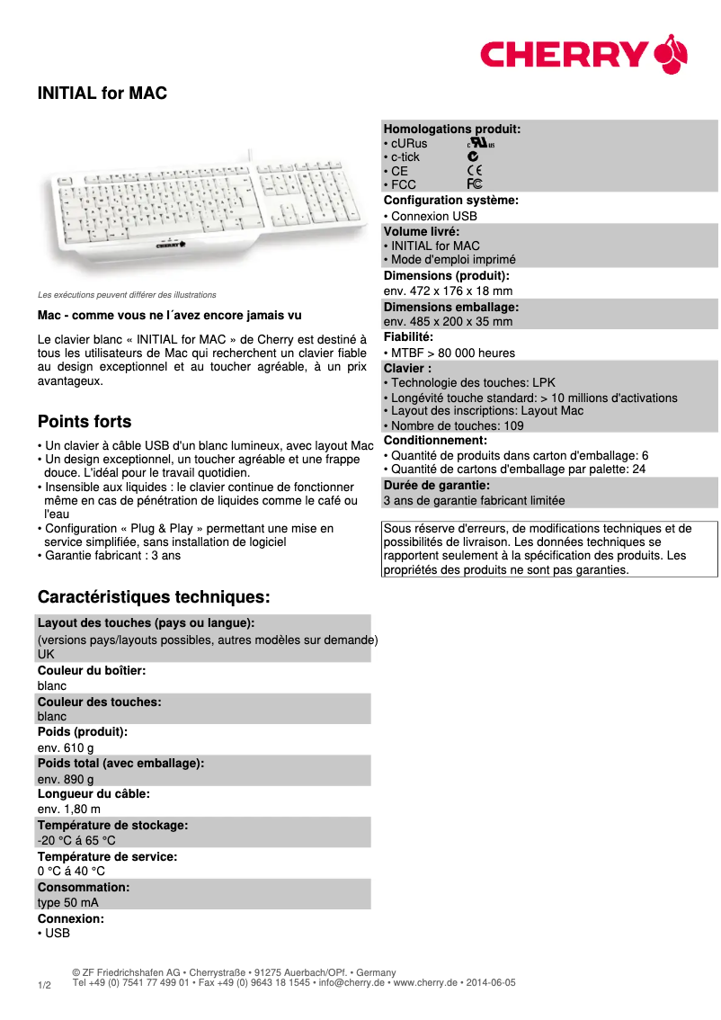 Page 1 de la notice Fiche technique Cherry INITIAL for MAC G82-27020