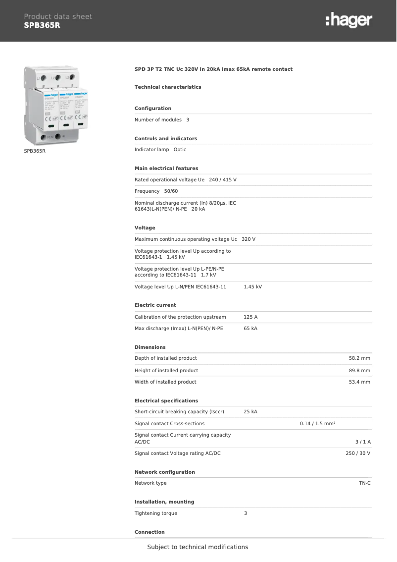 Page 1 de la notice Fiche technique Hager SPB365R