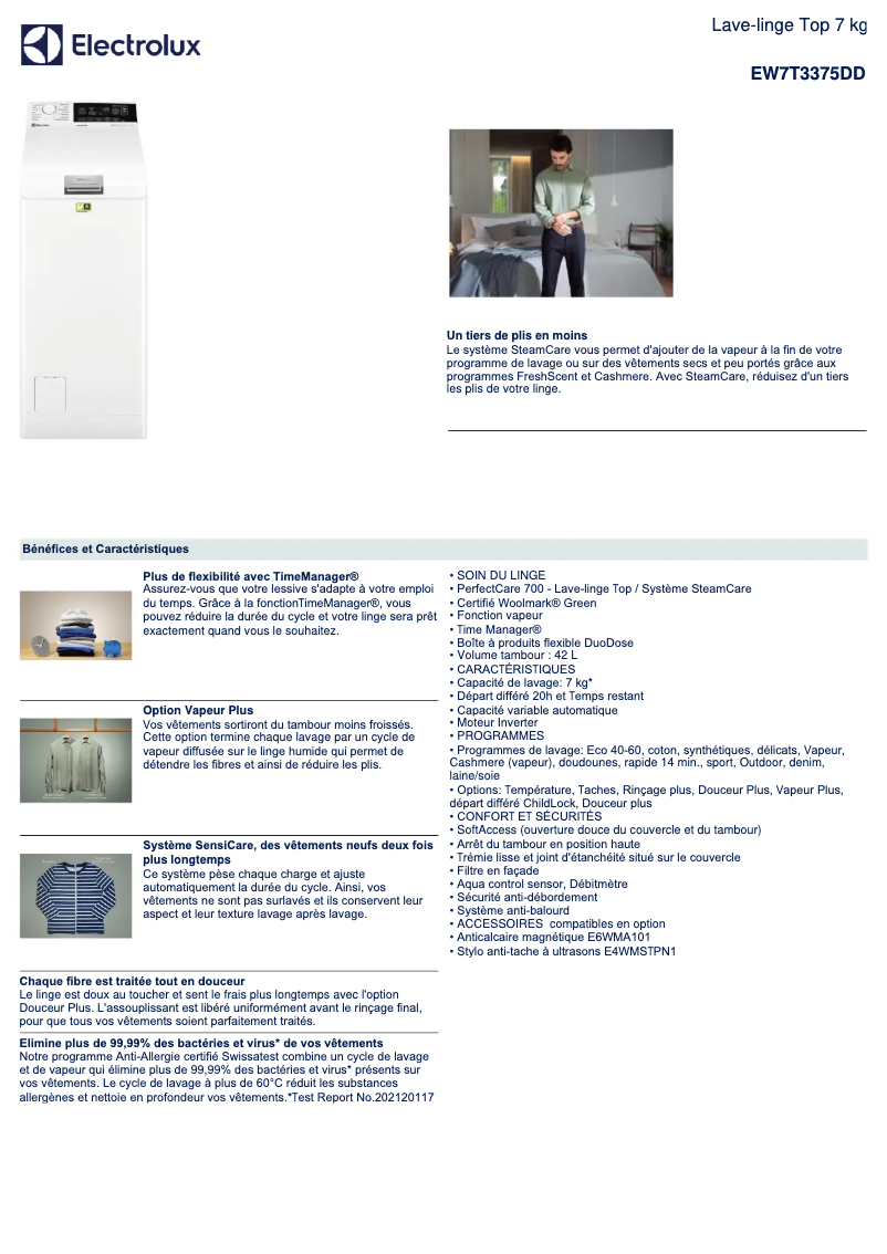 Page n°1 - Fiche technique Electrolux EW7T3375DD
