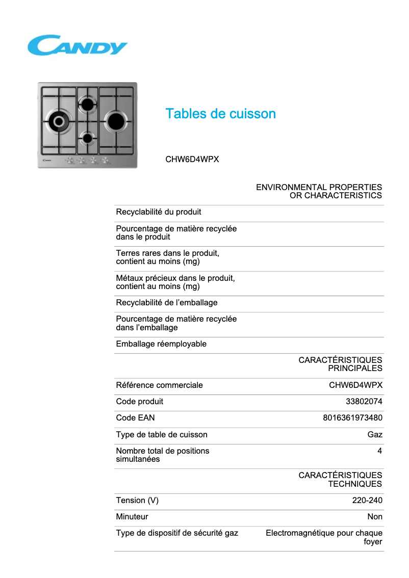 Page 1 de la notice Fiche technique Candy CHW6D4WPX