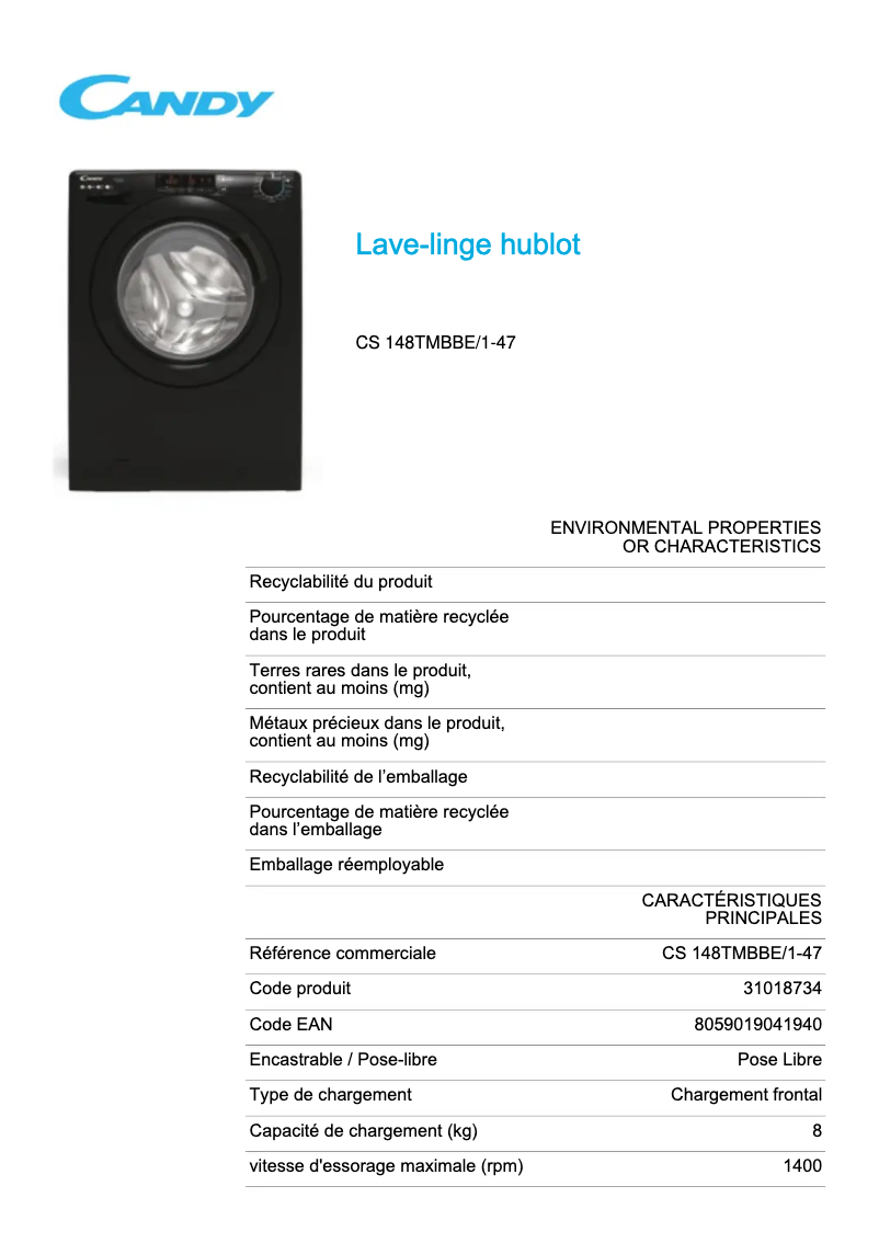 Page 1 de la notice Fiche technique Candy CS 148TMBBE/1-47