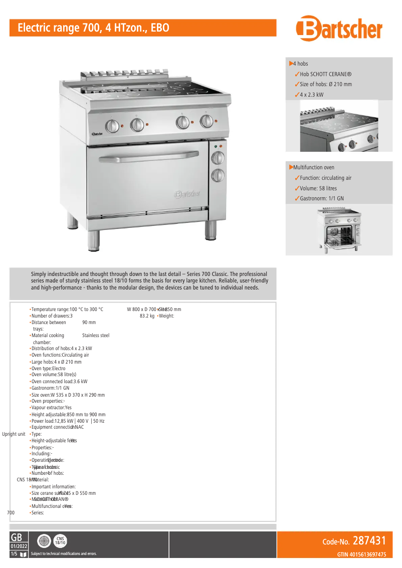 Page n°1 - Fiche technique Bartscher 296319