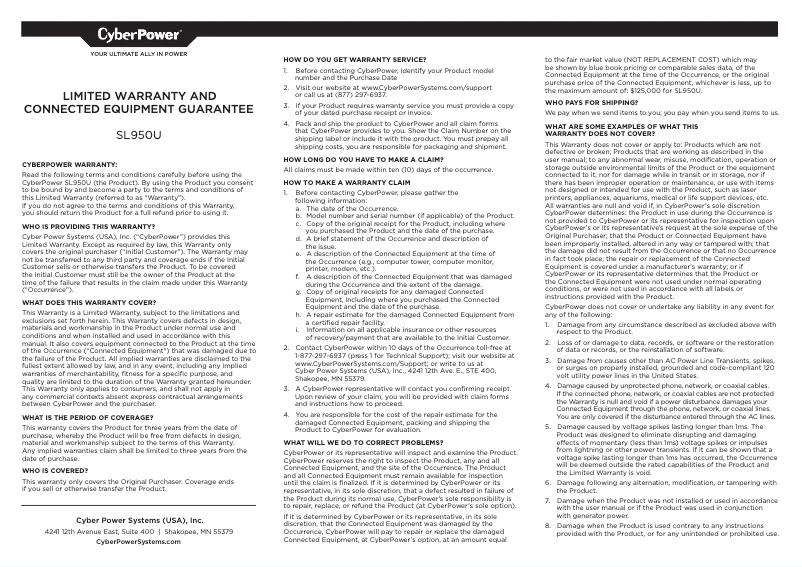 Page 1 de la notice Informations de garantie CyberPower SL950U