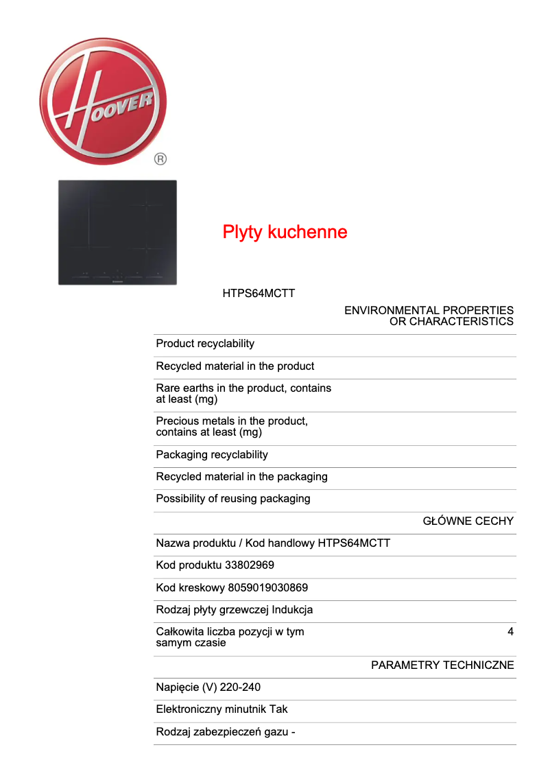 Page 1 de la notice Fiche technique Hoover HTPS64MCTT