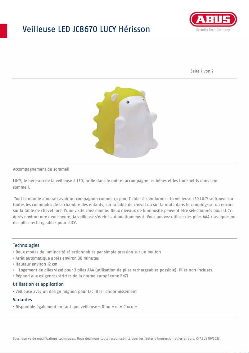 Page n°1 - Fiche technique Abus JC8670 LUCY