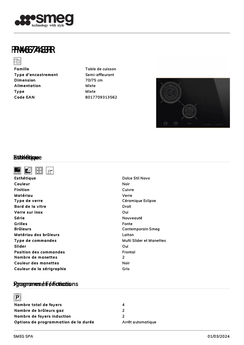 Page 1 de la notice Fiche technique Smeg PM6743R