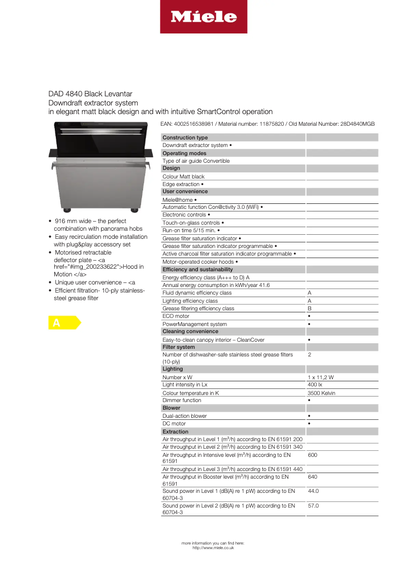 Page n°1 - Fiche technique Miele DAD 4840