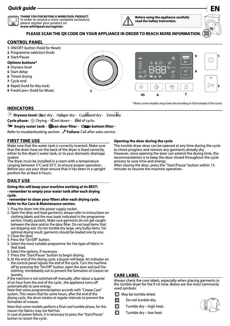 Page 1 de la notice Manuel d'utilisation et d'entretien Whirlpool FFT M11 8X3 BE