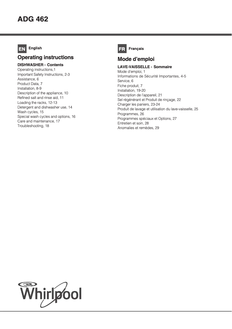 Page 1 de la notice Manuel utilisateur Whirlpool ADG 462