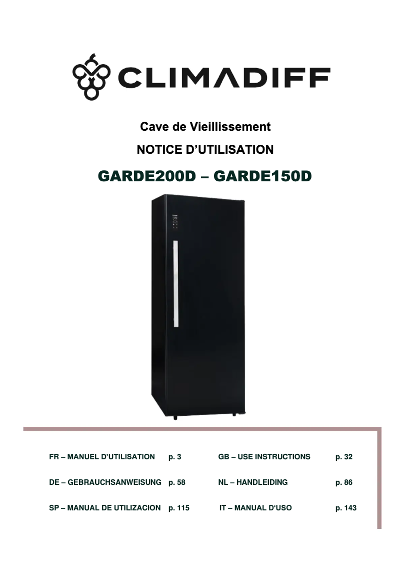 Page 1 de la notice Manuel utilisateur Climadiff GARDE200D