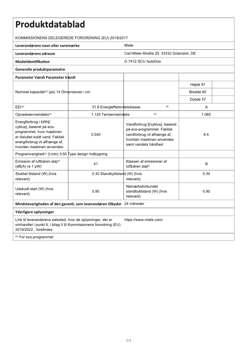 Page n°1 - Fiche technique Miele G 7412 SCU AutoDos