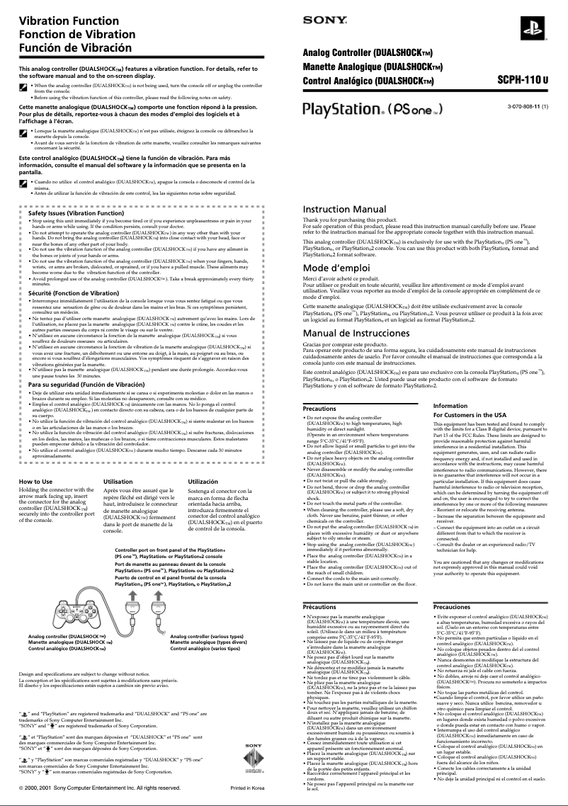 Page 1 de la notice Manuel utilisateur Sony PlayStation Analog Controller DualShock SCPH-110U