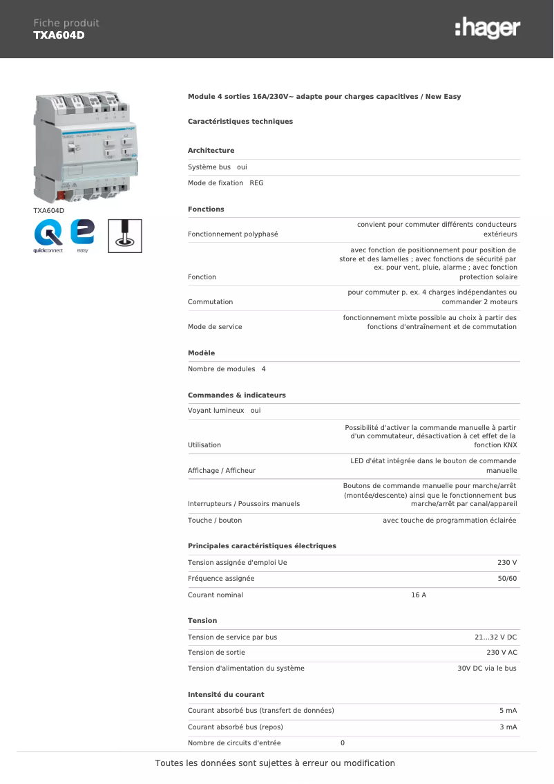 Page 1 de la notice Fiche technique Hager TXA604D
